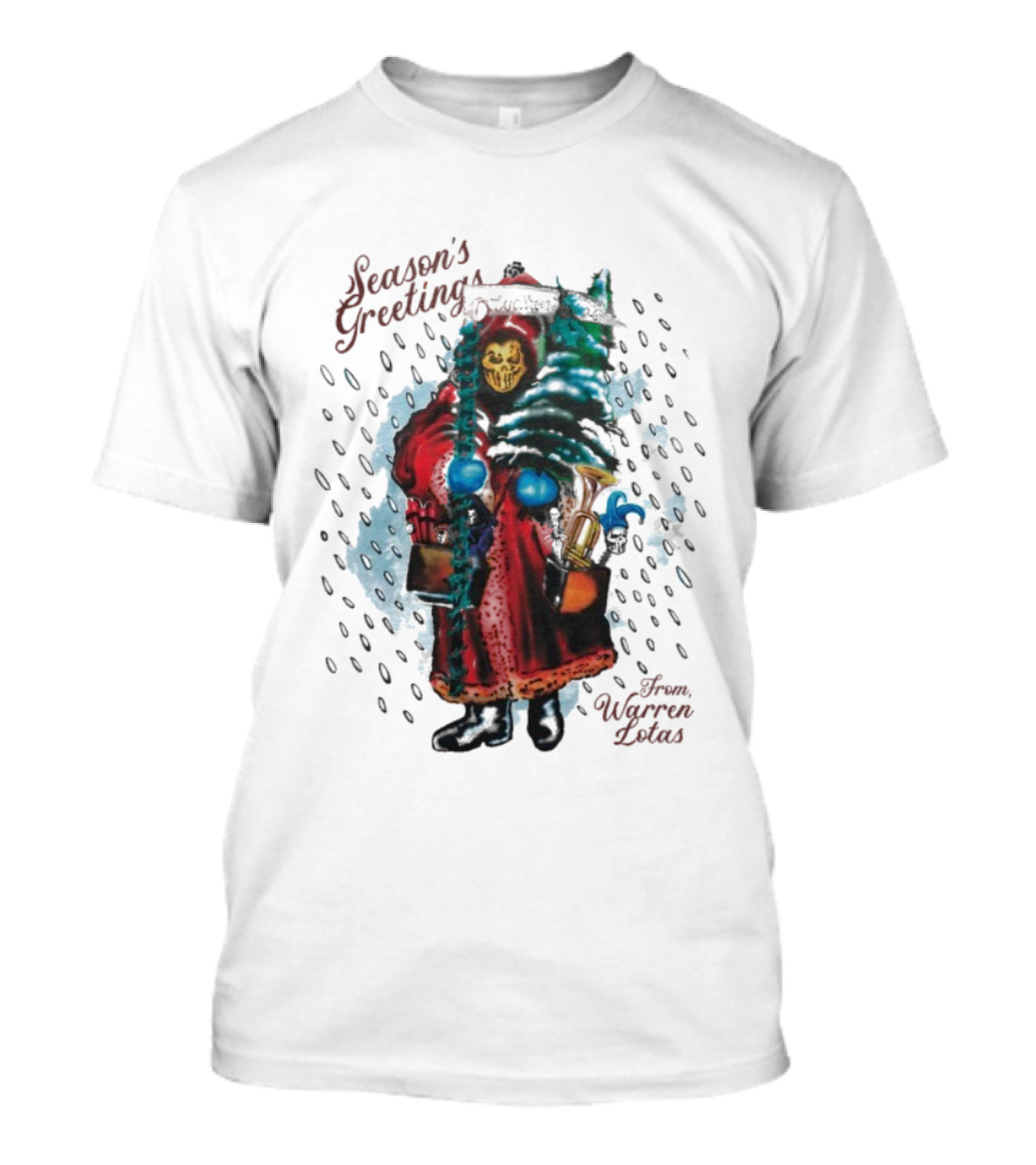 Season's Greetings From Warren Lotas Christmas Skeleton In Santa Robe T-Shirt