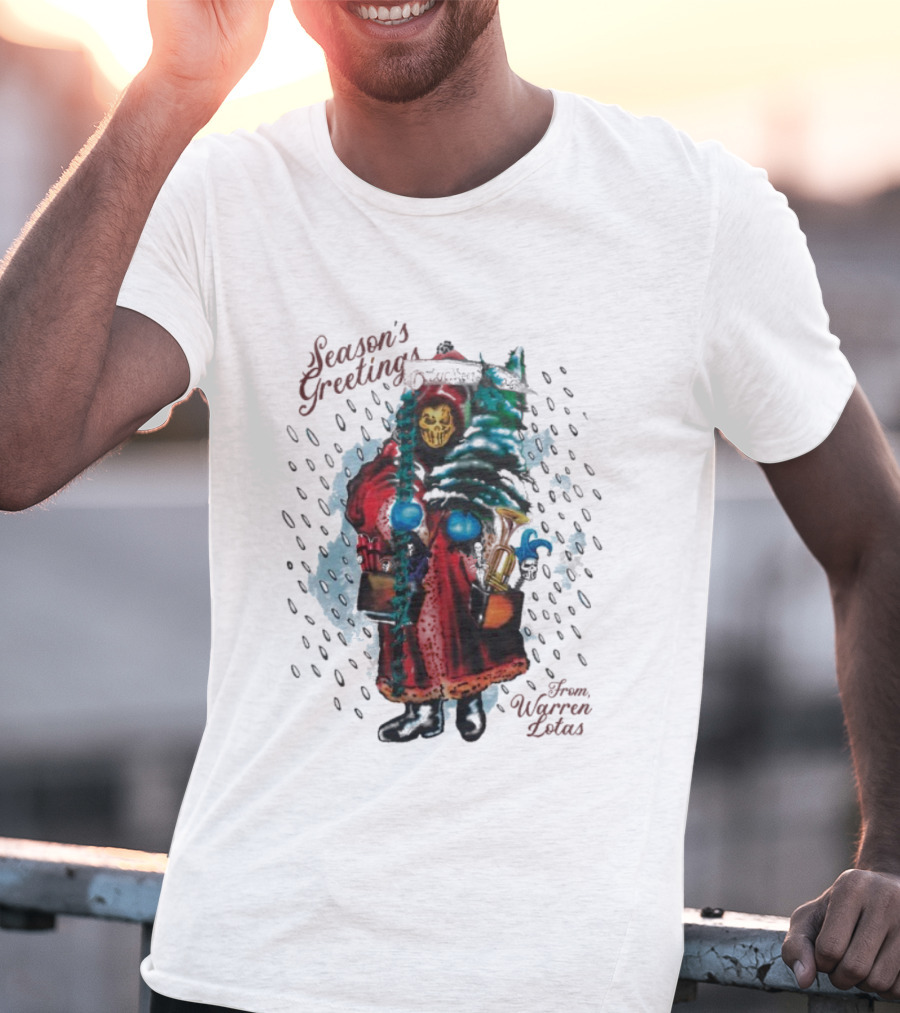 Season's Greetings From Warren Lotas Christmas Skeleton In Santa Robe T-Shirt