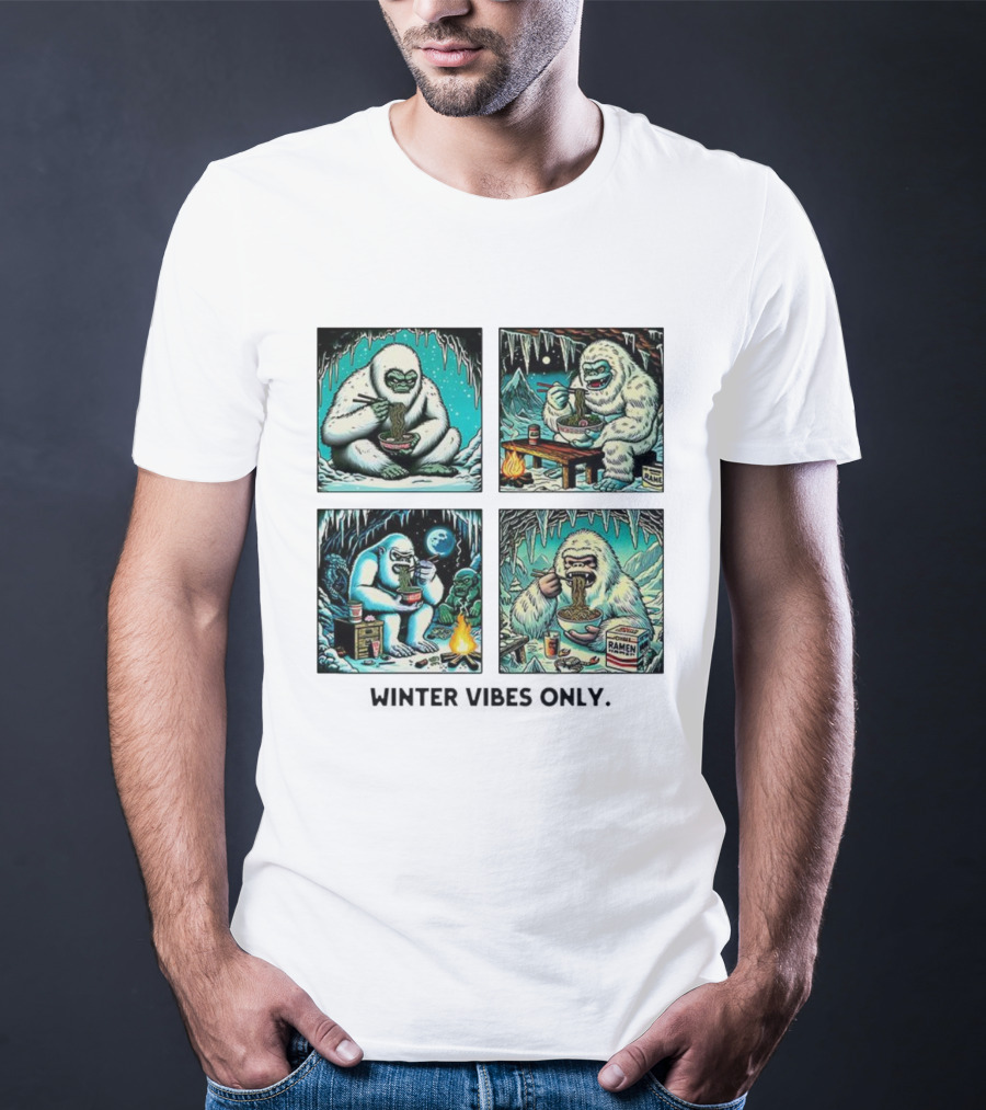 Winter Vibes Yeti Enjoying Ramen Under Icy Cave T-Shirt
