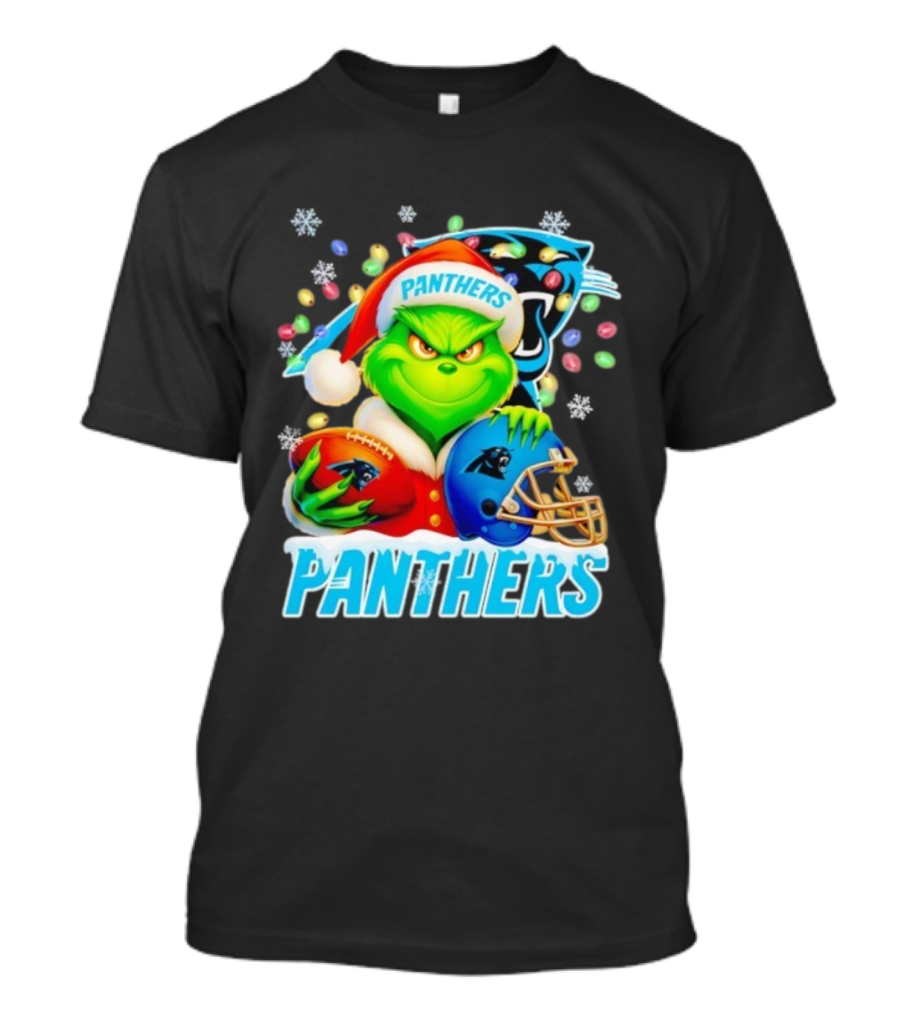 Grinch Santa Hat Holding Carolina Panthers Football And Helmet Merry Christmas T-Shirt