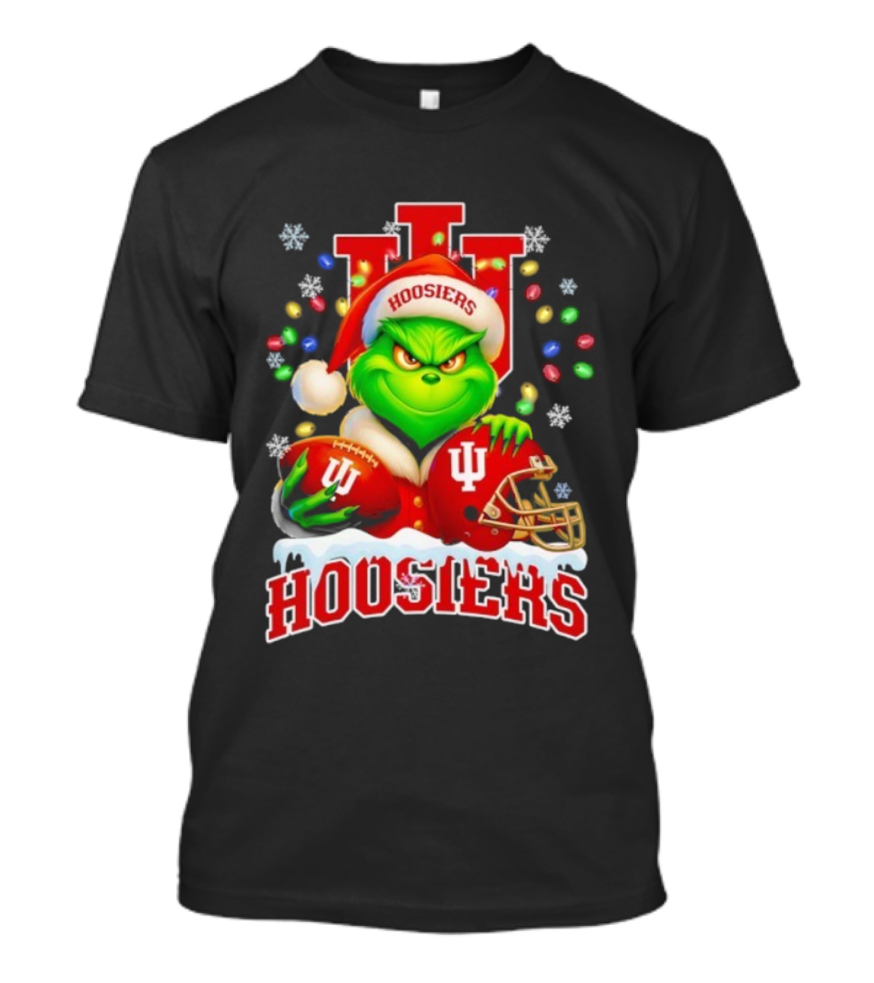 Grinch Santa With Indiana Hoosiers Football Helmet Christmas Theme T-Shirt