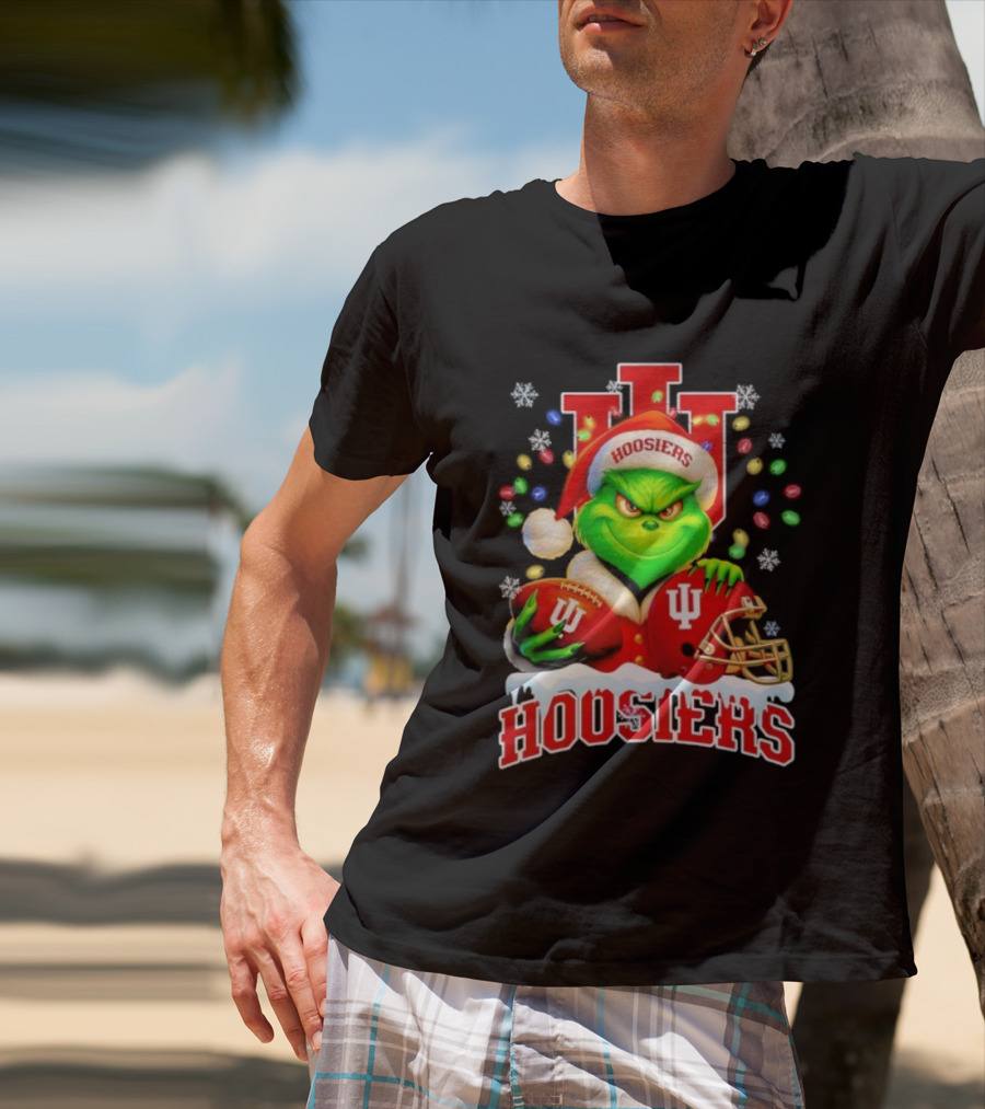 Grinch Santa With Indiana Hoosiers Football Helmet Christmas Theme T-Shirt
