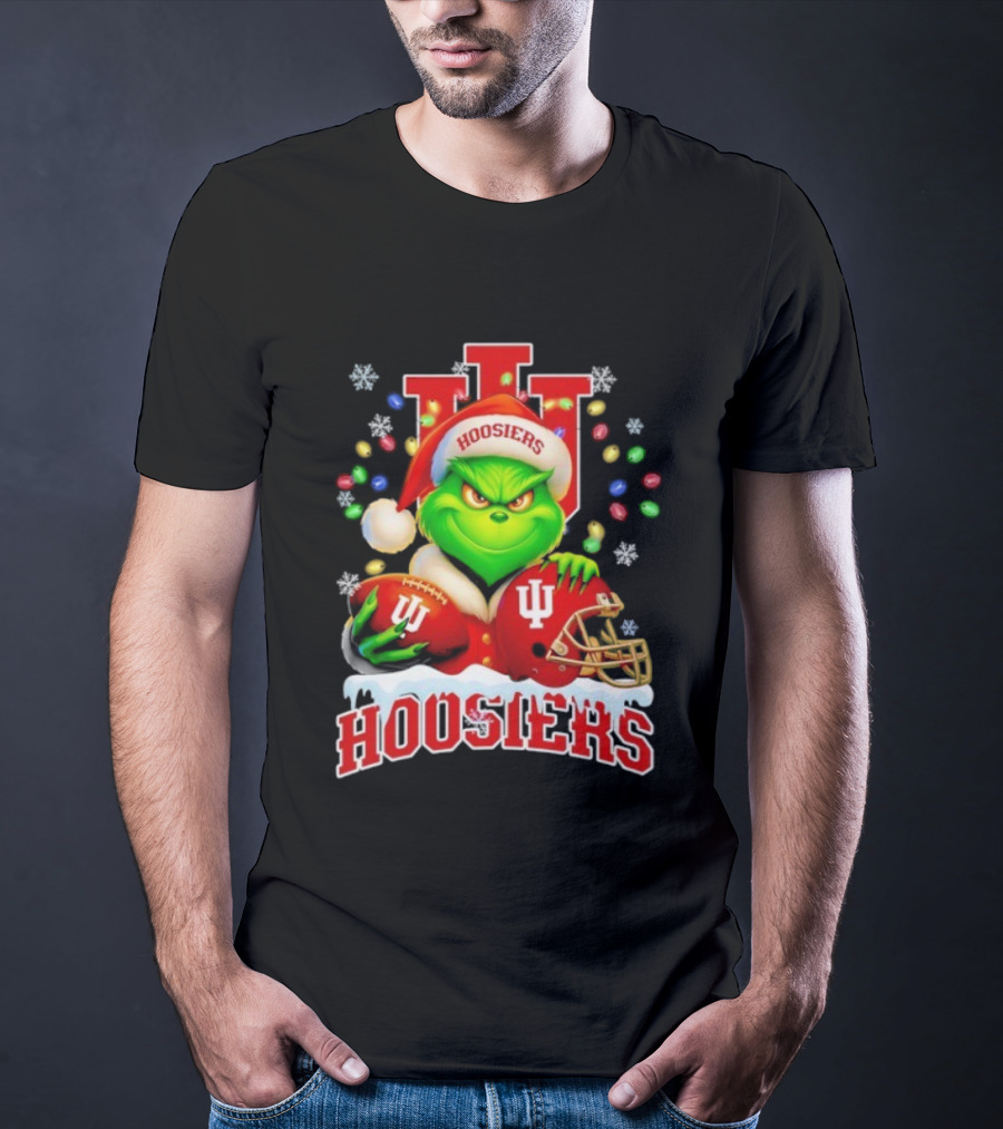 Grinch Santa With Indiana Hoosiers Football Helmet Christmas Theme T-Shirt