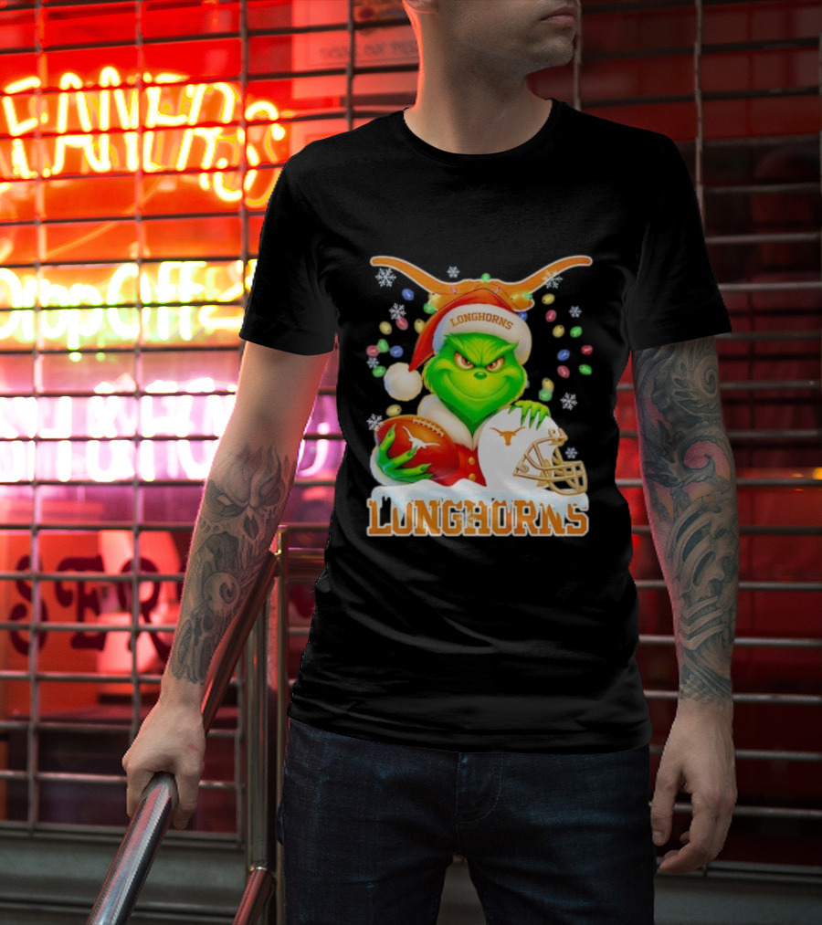 Grinch With Texas Longhorns Christmas Football Helmet And Santa Hat T-Shirt