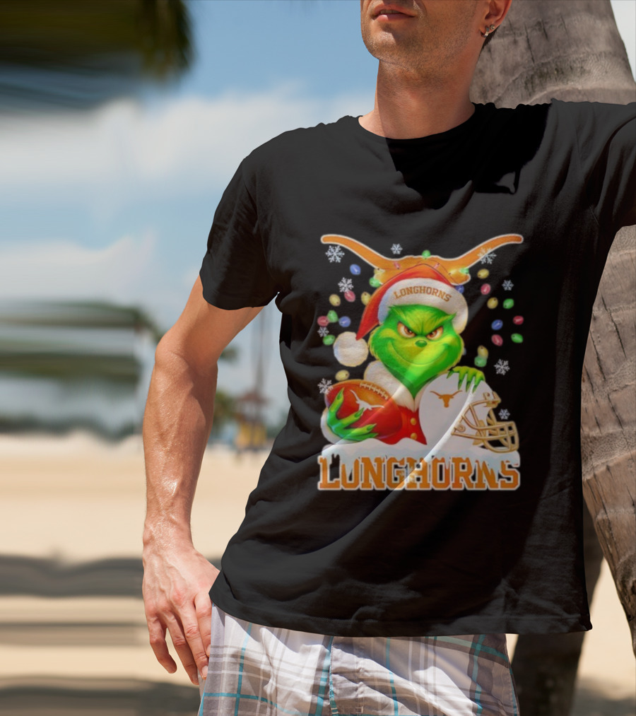Grinch With Texas Longhorns Christmas Football Helmet And Santa Hat T-Shirt