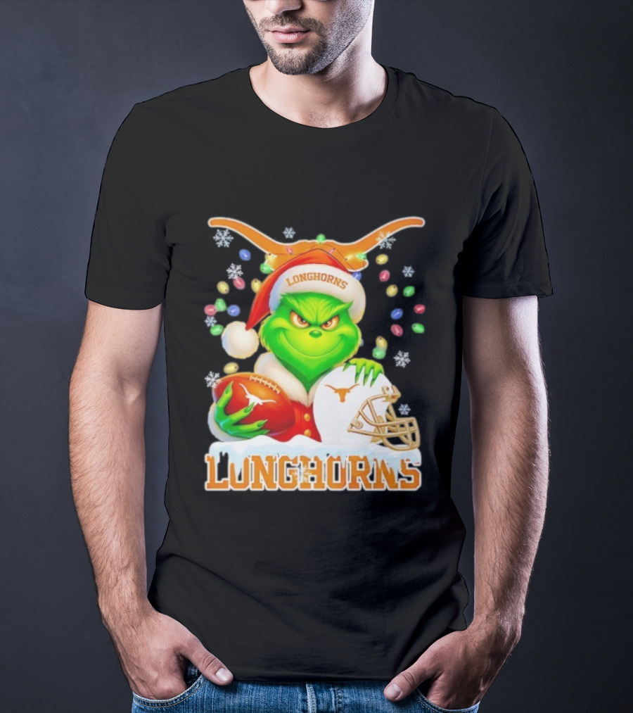 Grinch With Texas Longhorns Christmas Football Helmet And Santa Hat T-Shirt