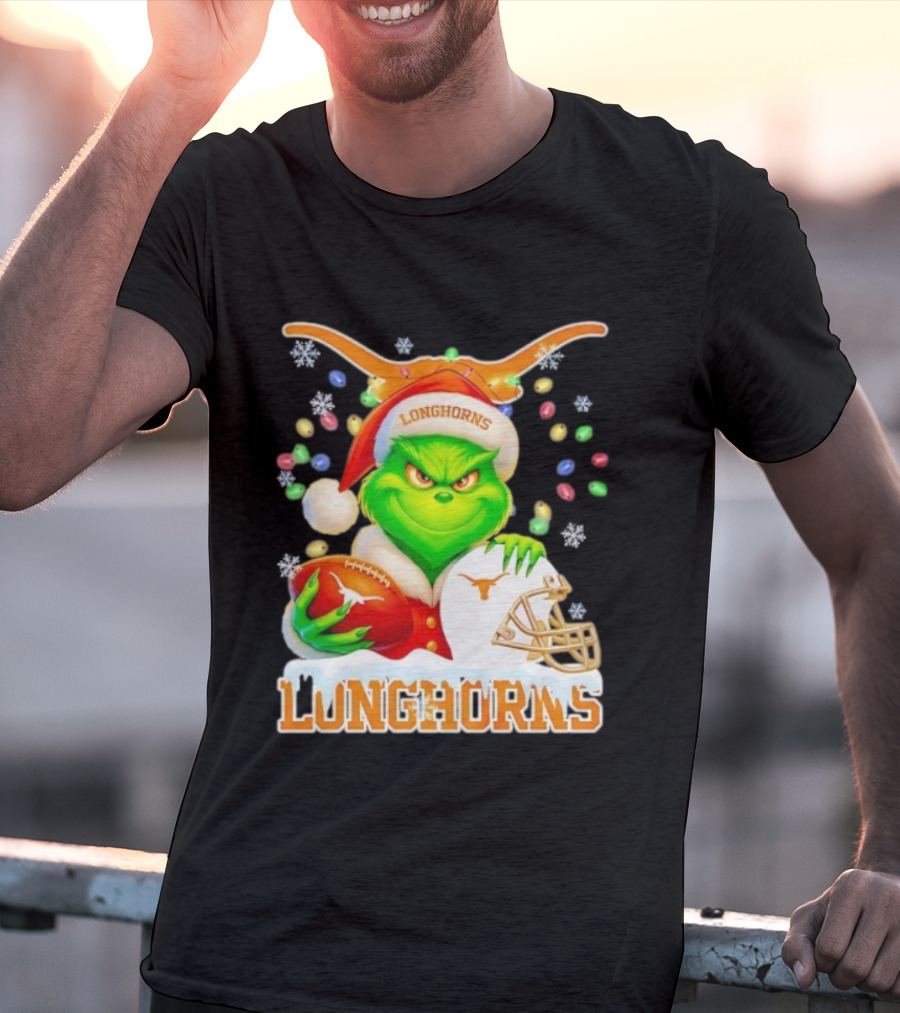 Grinch With Texas Longhorns Christmas Football Helmet And Santa Hat T-Shirt