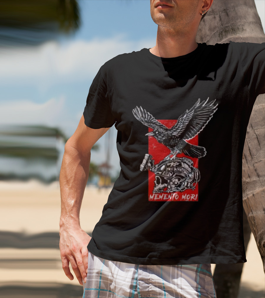 Raven Memento Mori Skull Helmet Red Background T-Shirt