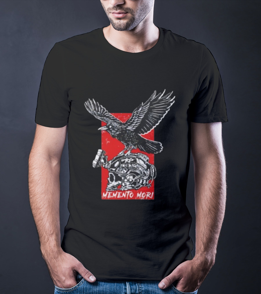 Raven Memento Mori Skull Helmet Red Background T-Shirt