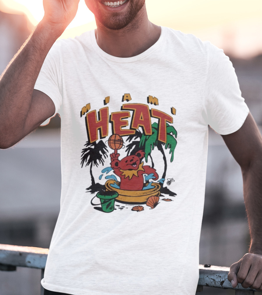 Grateful Dead Bear Miami Heat Basketball Palm Trees Beach Theme T-Shirt