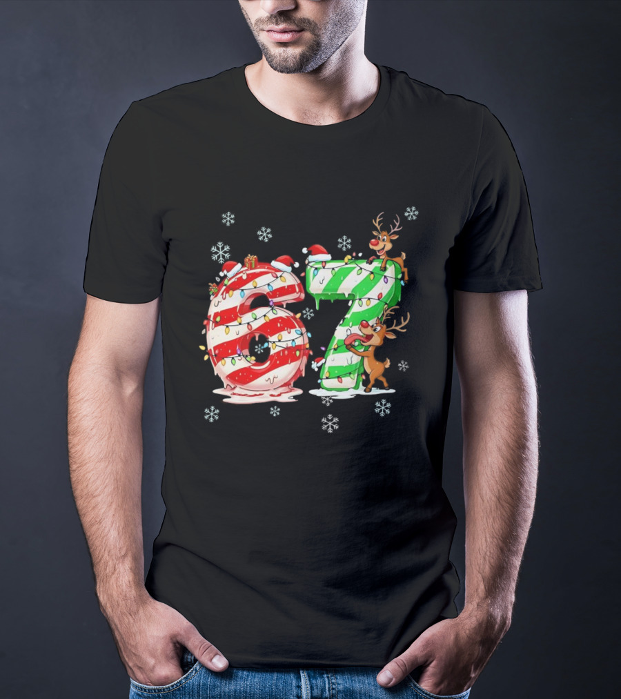67 Christmas Reindeer Candy Cane Lights Snowflakes T-Shirt