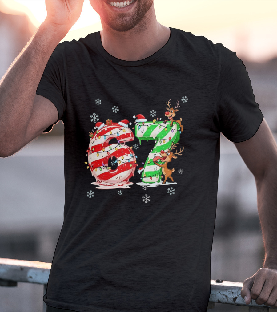 67 Christmas Reindeer Candy Cane Lights Snowflakes T-Shirt