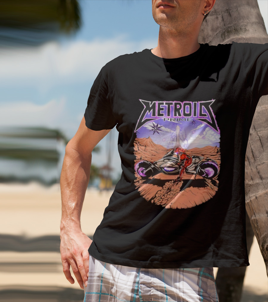 Metroid Prime Sci-Fi Landscape With Armored Character And Alien Desert Scene T-Shirt