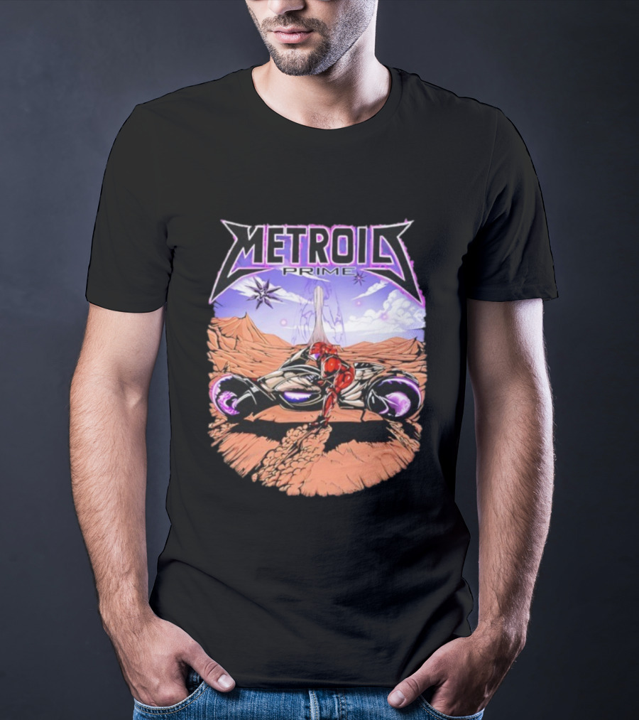 Metroid Prime Sci-Fi Landscape With Armored Character And Alien Desert Scene T-Shirt