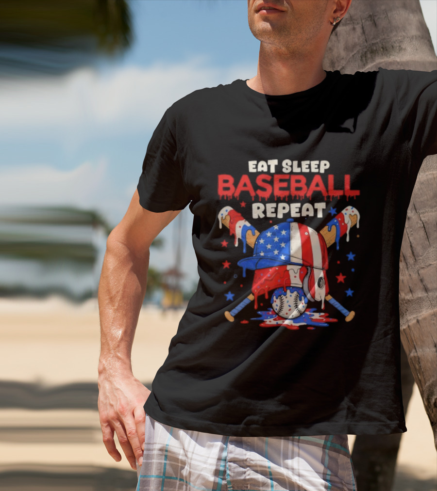 Eat Sleep Baseball Repeat Funny Ice Cream Drip Patriotic Crossed Bats T-Shirt