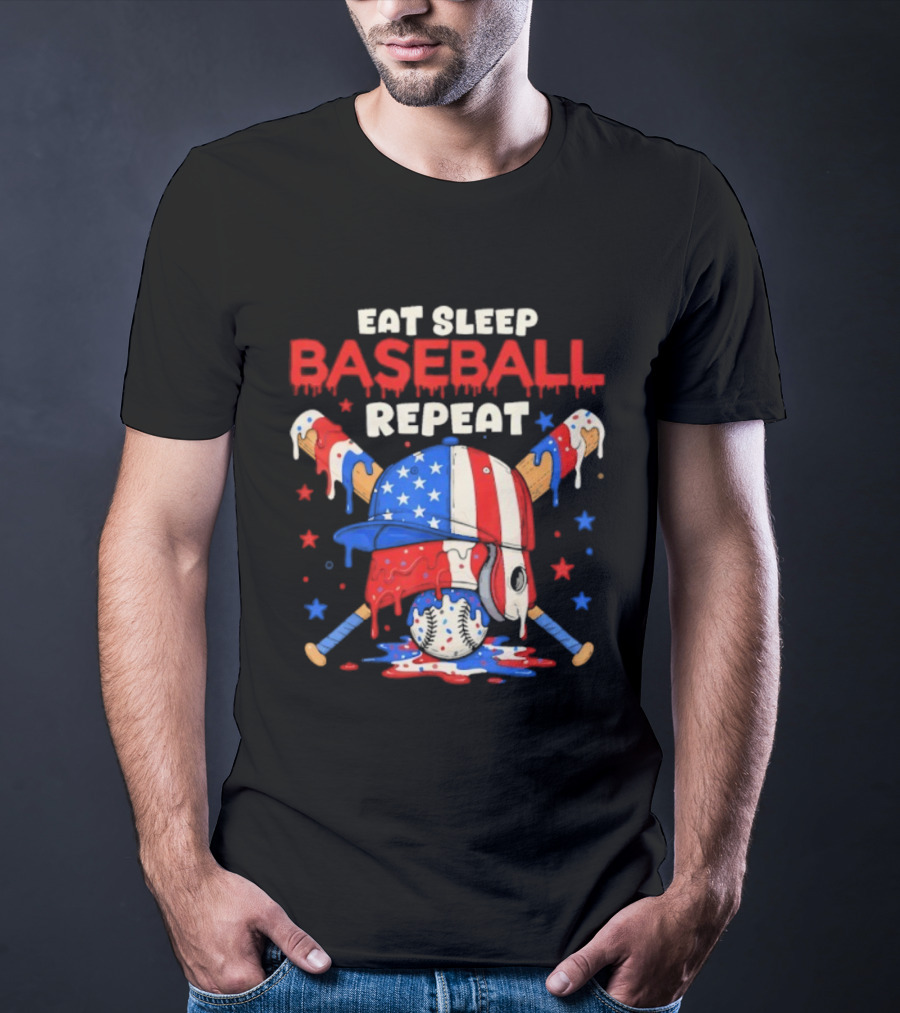 Eat Sleep Baseball Repeat Funny Ice Cream Drip Patriotic Crossed Bats T-Shirt