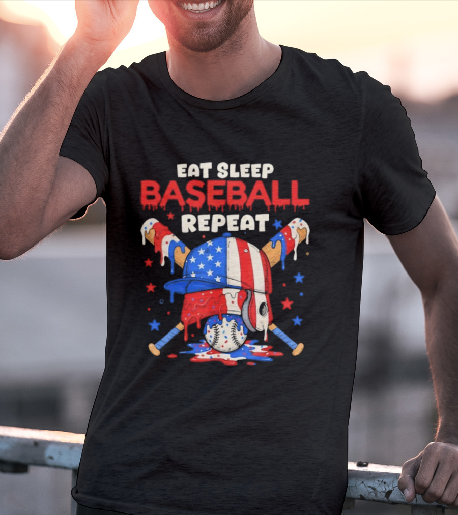 Eat Sleep Baseball Repeat Funny Ice Cream Drip Patriotic Crossed Bats T-Shirt