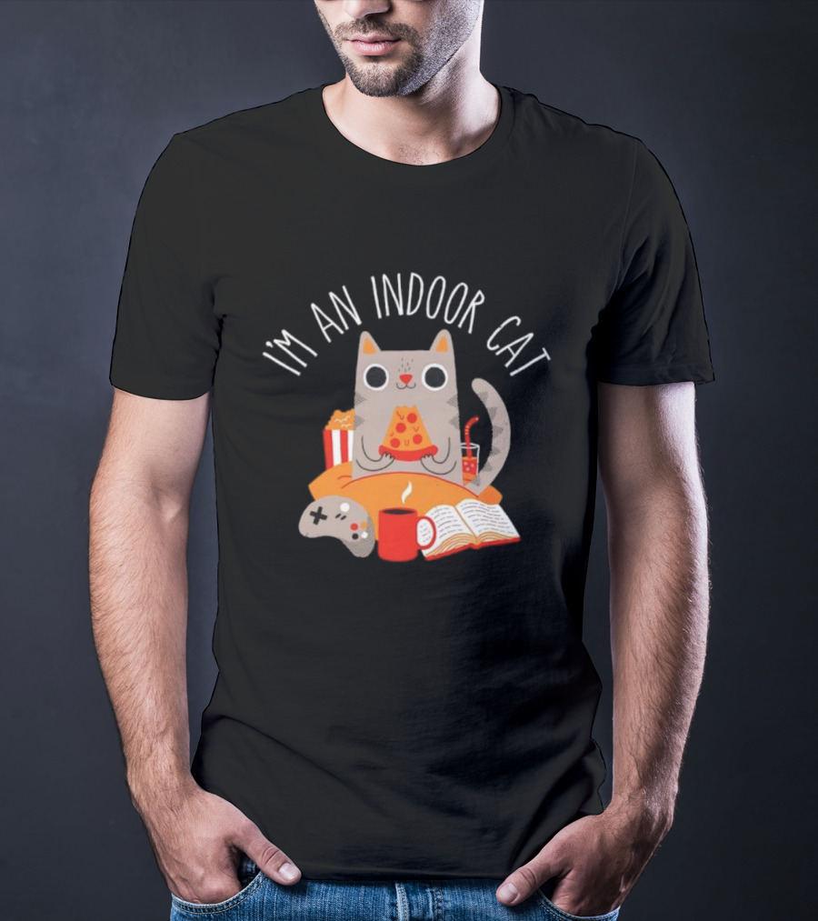 I'm An Indoor Cat Cartoon Cozy Vibes With Pizza, Popcorn, And Video Game Controller T-Shirt