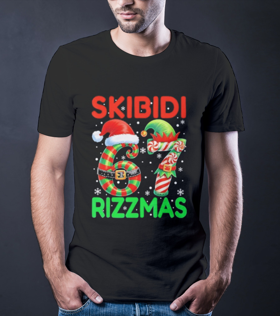 Skibidi 67 Rizzmas Funny Christmas Elf Candy Cane Holiday Meme T-Shirt