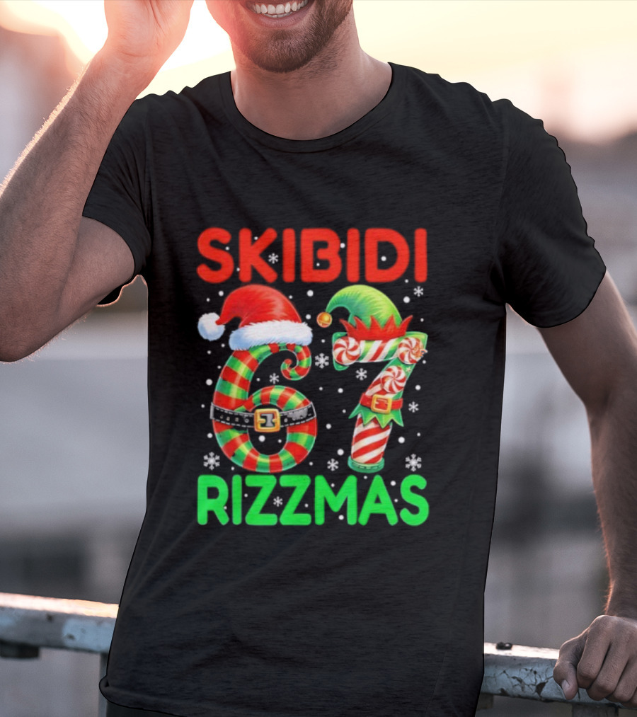 Skibidi 67 Rizzmas Funny Christmas Elf Candy Cane Holiday Meme T-Shirt