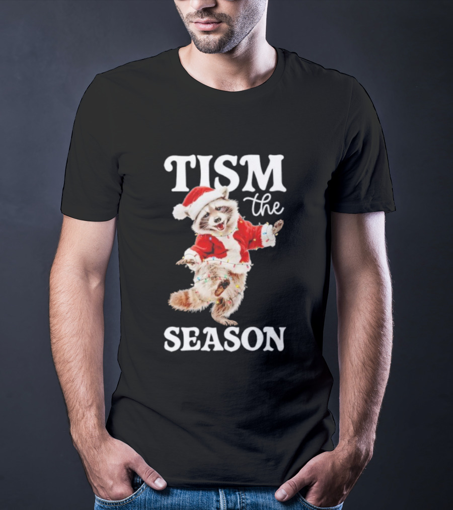 Tism The Season Raccoon Santa Christmas Autism Awareness T-Shirt