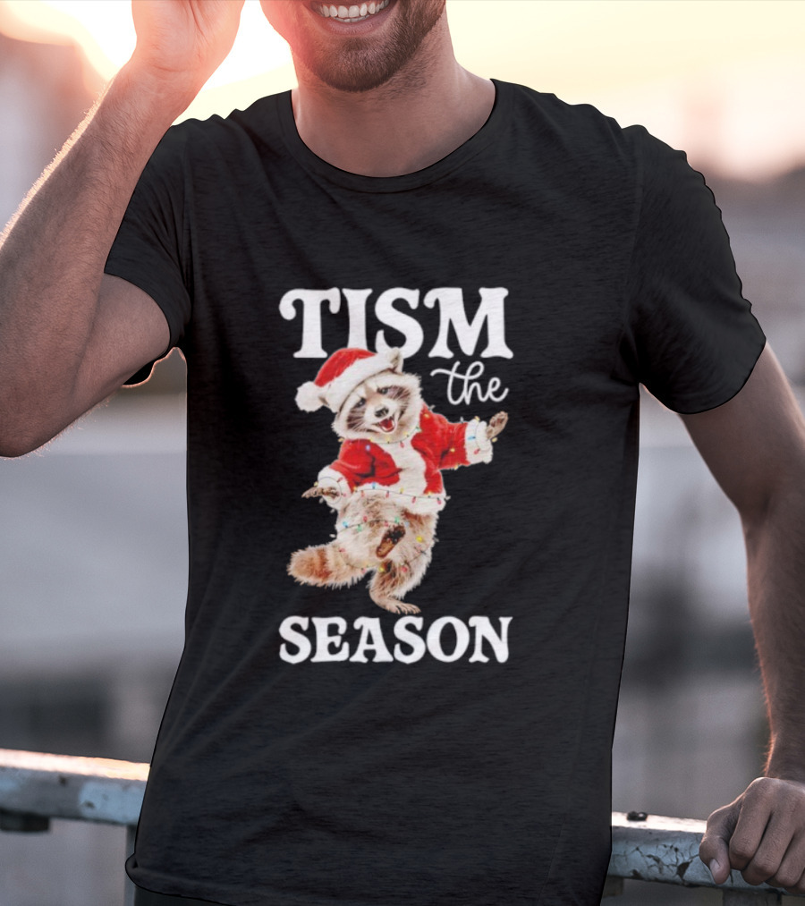 Tism The Season Raccoon Santa Christmas Autism Awareness T-Shirt
