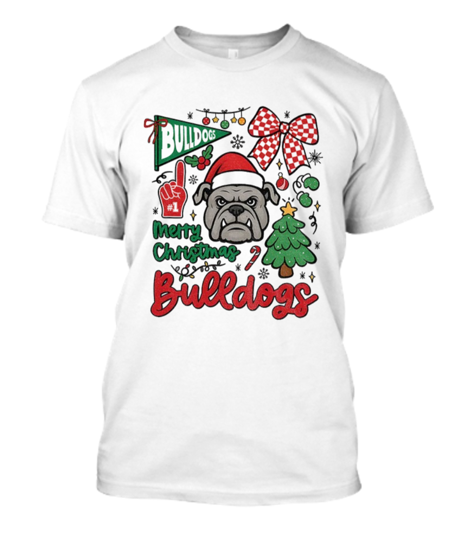 Merry Christmas Bulldogs Festive Mascot Checkerboard Bow And Holiday Theme T-Shirt