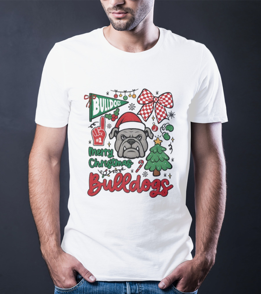 Merry Christmas Bulldogs Festive Mascot Checkerboard Bow And Holiday Theme T-Shirt
