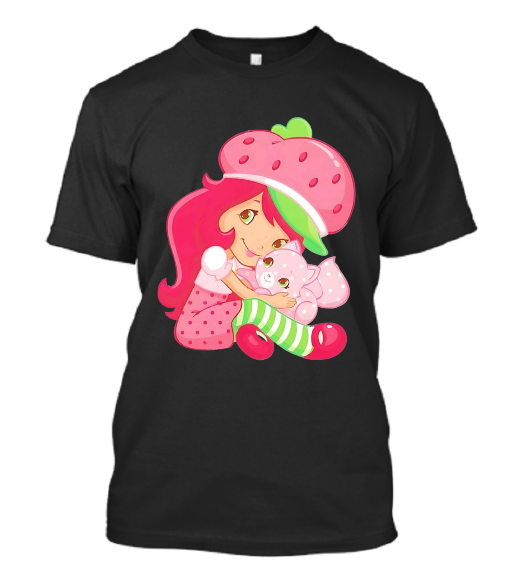 Strawberry Girl Hugging Pink Cat With Hat And Polka Dot Pants T-Shirt