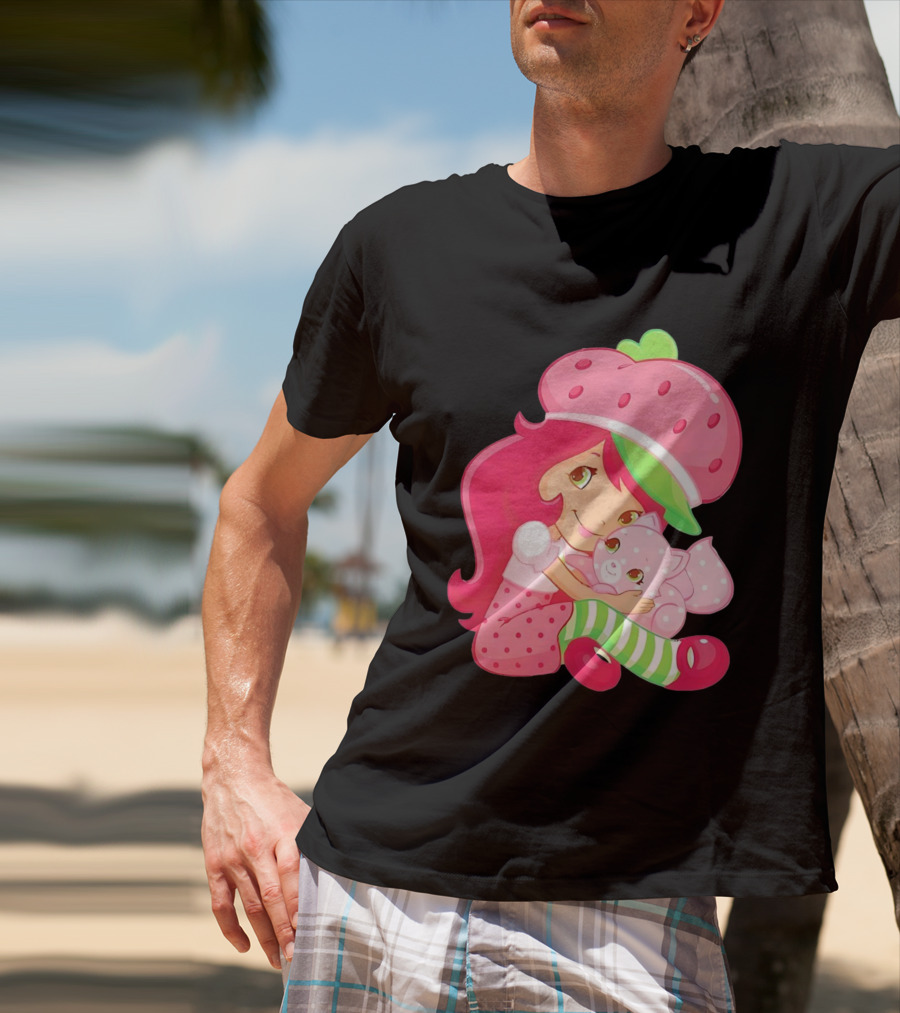 Strawberry Girl Hugging Pink Cat With Hat And Polka Dot Pants T-Shirt