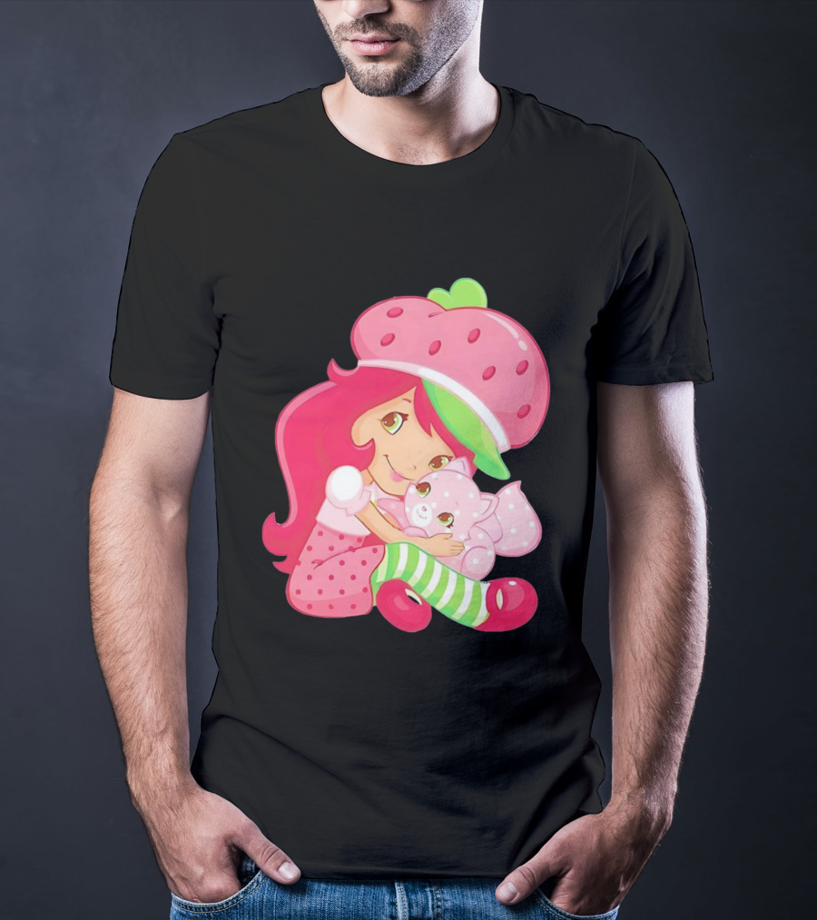 Strawberry Girl Hugging Pink Cat With Hat And Polka Dot Pants T-Shirt