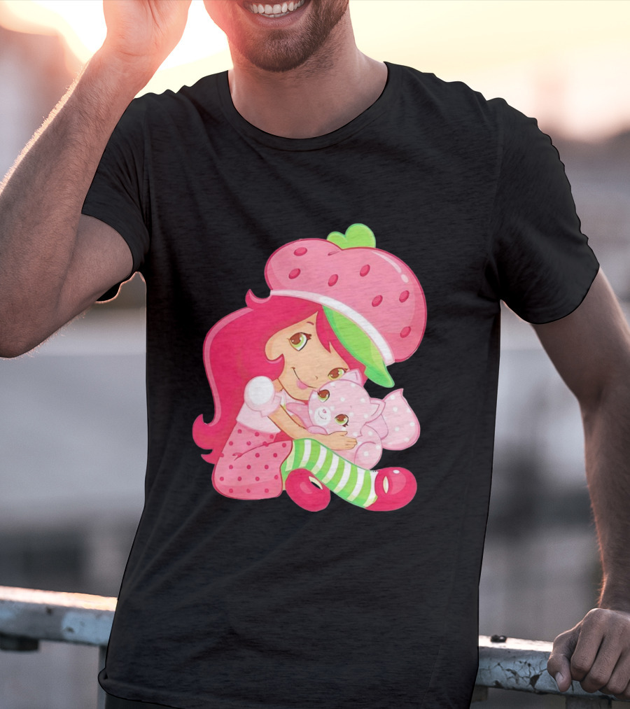 Strawberry Girl Hugging Pink Cat With Hat And Polka Dot Pants T-Shirt