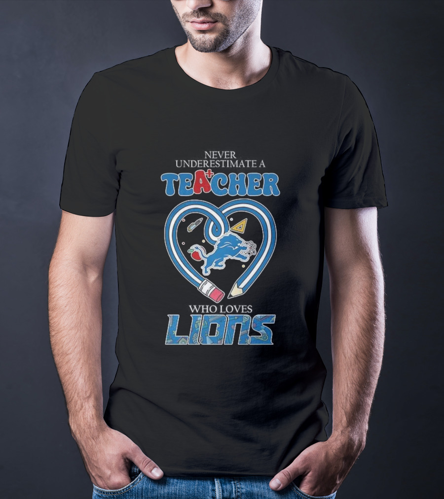 Teacher Who Loves Detroit Lions Heart Pencil Design T-Shirt