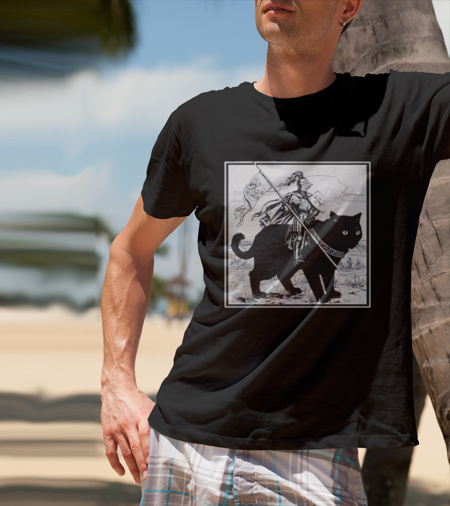 Medieval Knight Riding Giant Cat With Heraldic Banner T-Shirt