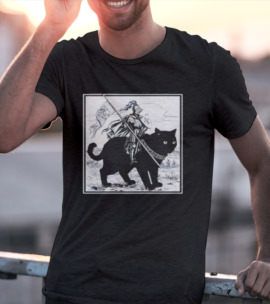 Medieval Knight Riding Giant Cat With Heraldic Banner T-Shirt