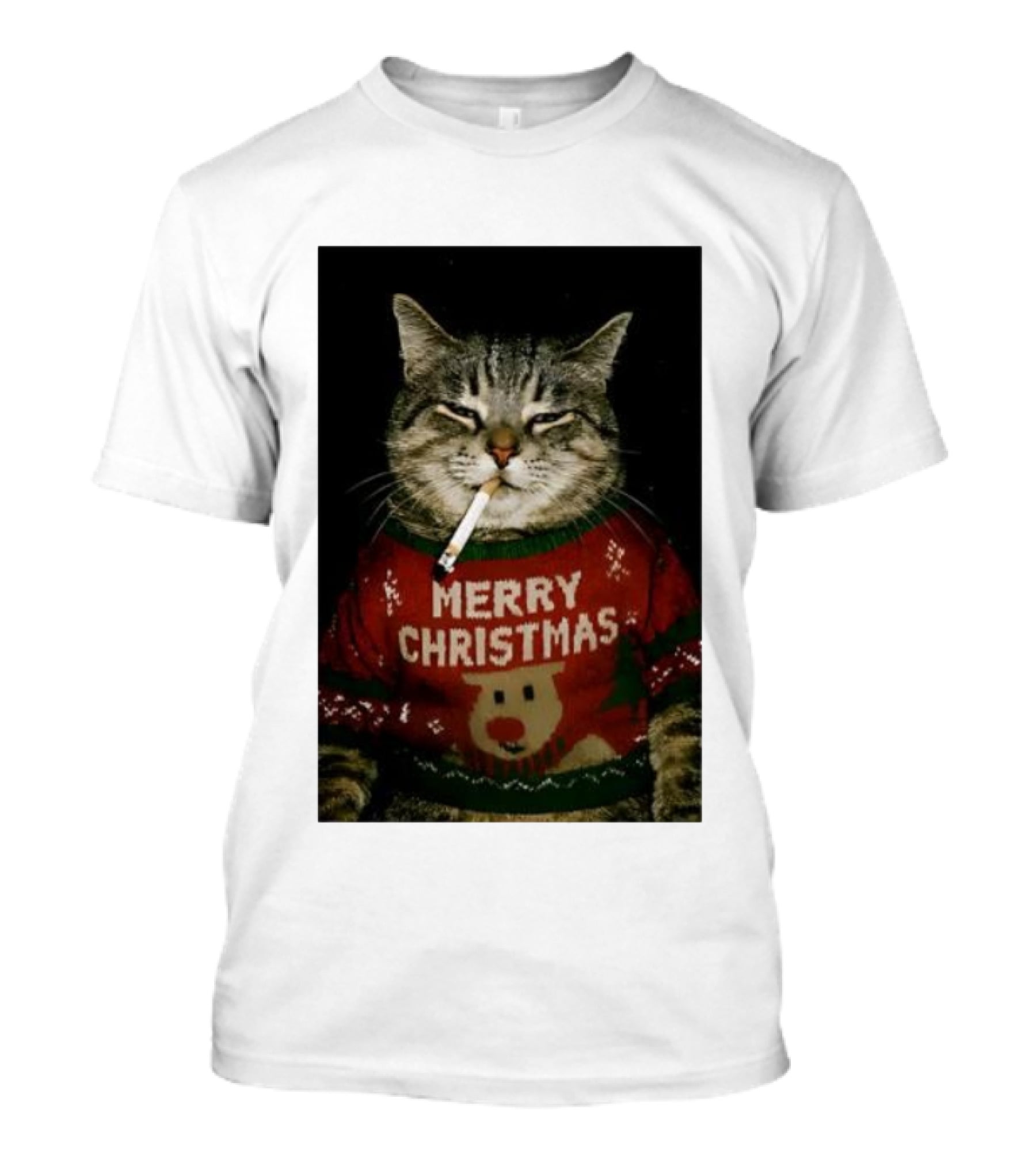 Merry Christmas Cat Smoking In Ugly Holiday Sweater With Reindeer T-Shirt
