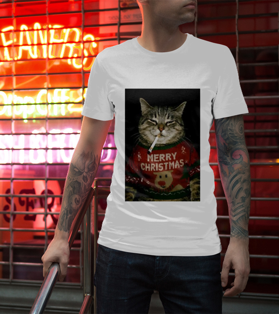Merry Christmas Cat Smoking In Ugly Holiday Sweater With Reindeer T-Shirt