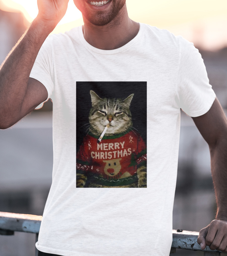 Merry Christmas Cat Smoking In Ugly Holiday Sweater With Reindeer T-Shirt