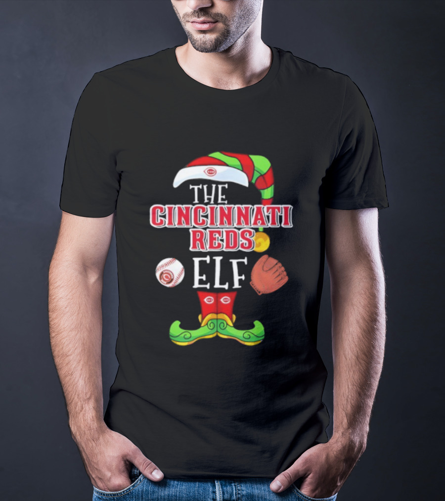 Cincinnati Reds Christmas Baseball Elf Hat And Stockings T-Shirt