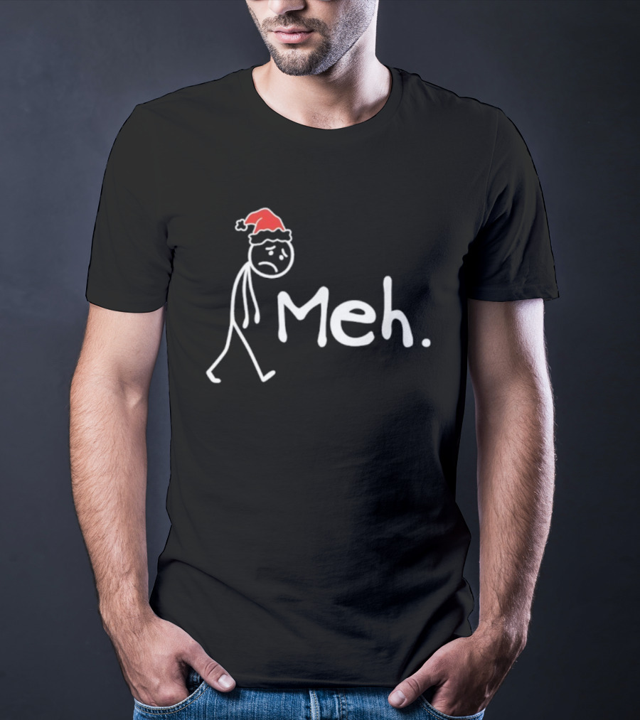 Meh Funny Christmas Introvert Santa Hat Stick Figure T-Shirt