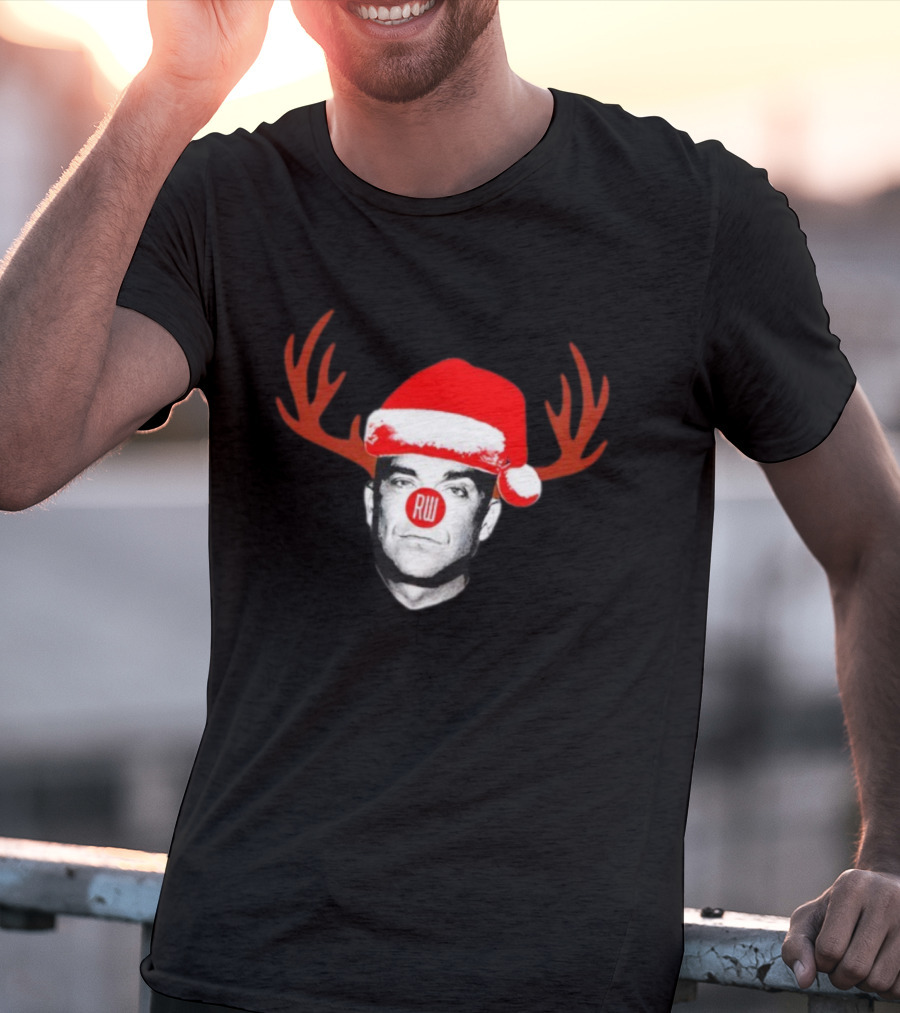 Rudolph Robbie Reindeer Santa Hat RW Nose Antlers Holiday T-Shirt
