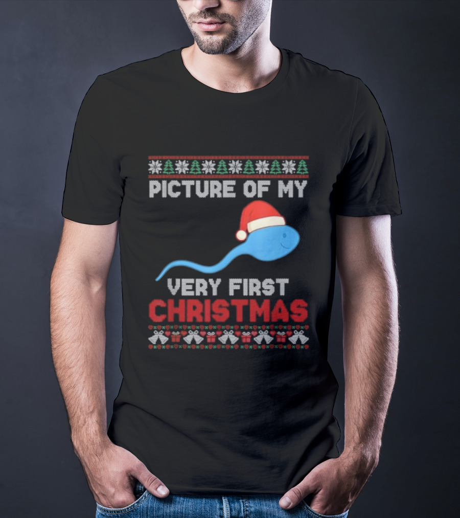Picture Of My Very First Christmas Joke Funny Xmas Santa Hat Sperm T-Shirt