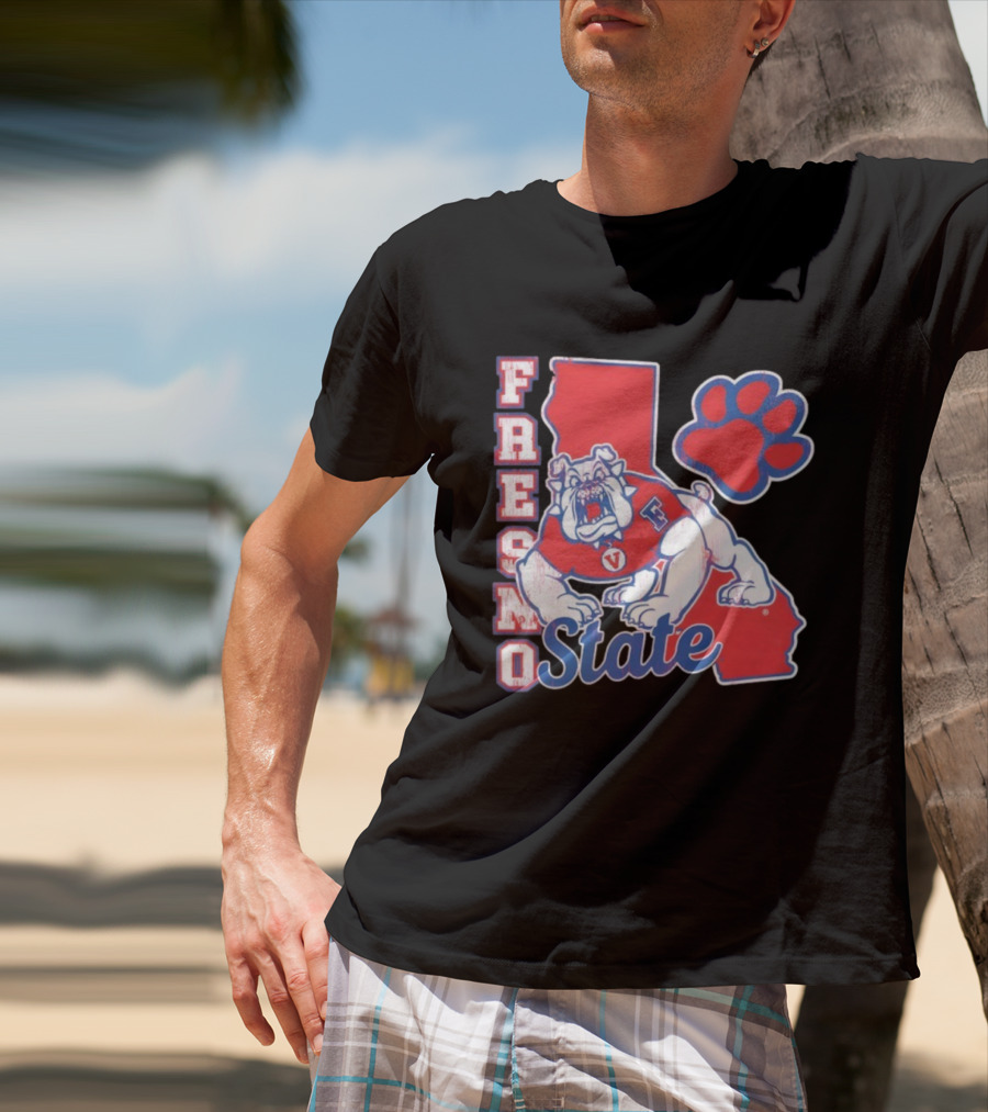 Fresno State CA Bulldog Paw Print And State Outline T-Shirt