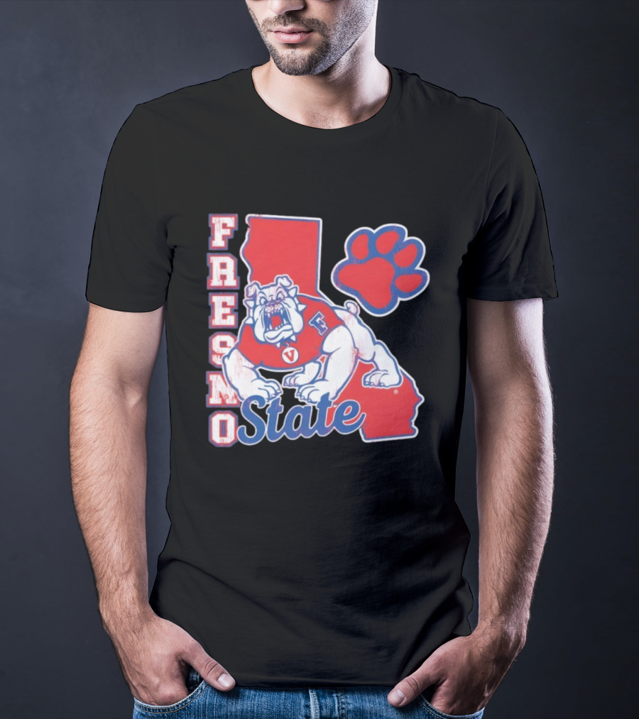Fresno State CA Bulldog Paw Print And State Outline T-Shirt