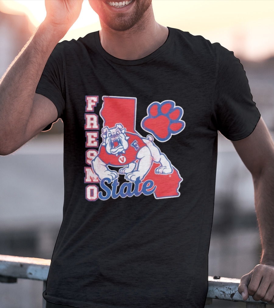 Fresno State CA Bulldog Paw Print And State Outline T-Shirt