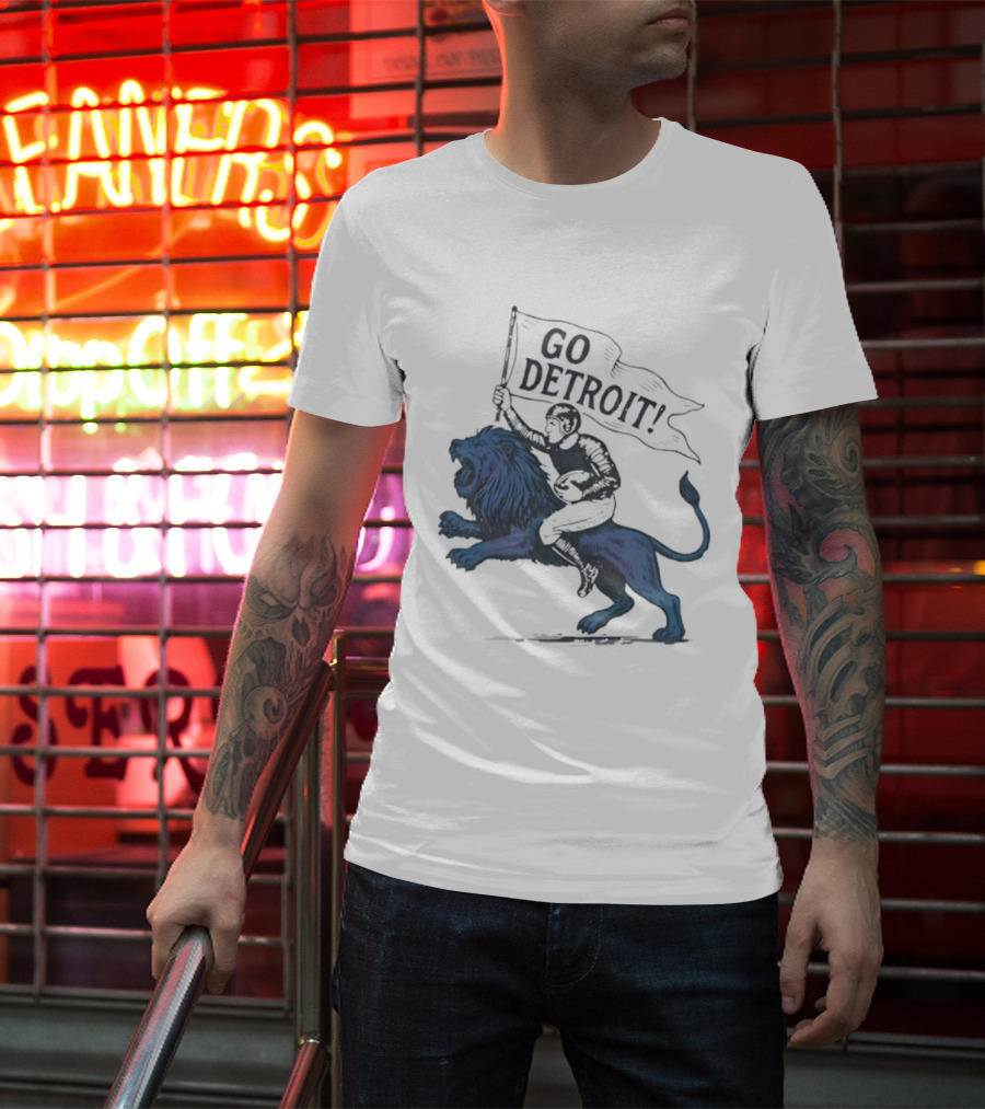 Go Detroit Football Player Riding Lion T-Shirt