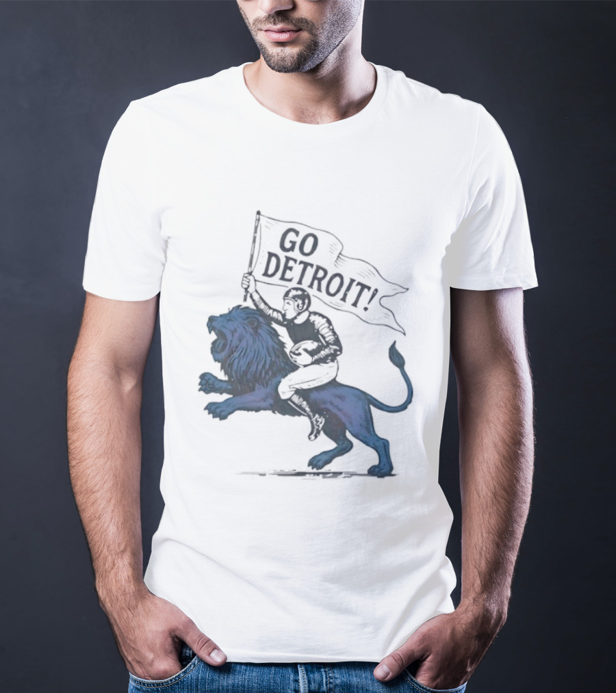 Go Detroit Football Player Riding Lion T-Shirt