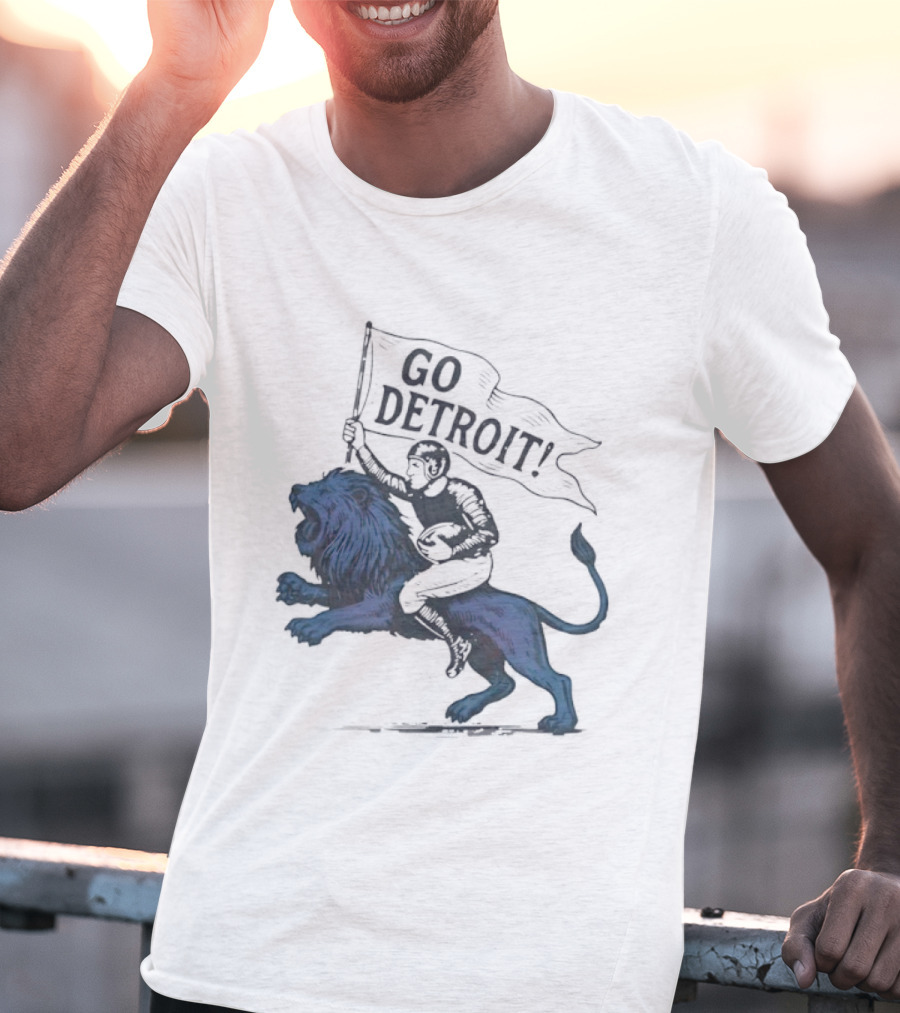 Go Detroit Football Player Riding Lion T-Shirt