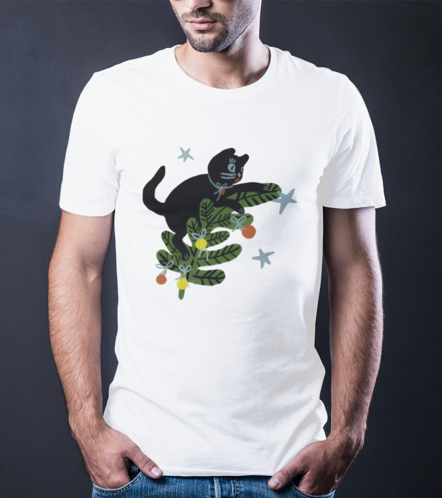 Christmas Tree Cat With Stars Yarrow Goods T-Shirt