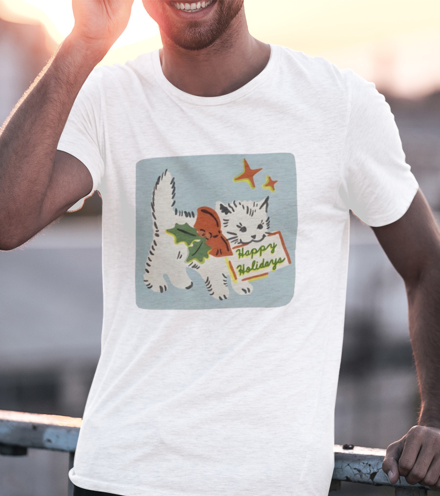 Happy Holidays Cat With Holly And Stars By Yarrow Goods T-Shirt
